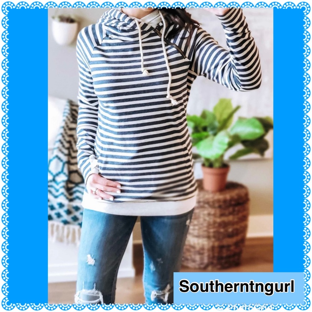 NWT AMPERSAND Side Zip Double Hood Navy/ Grey Stripes Sweatshirt / Top Hoodie